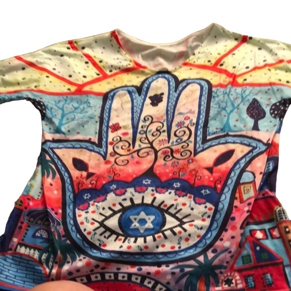 Hamsaa T-Shirt size large colorful scoop neck hamsa tee shirt stretch - Picture 2 of 8